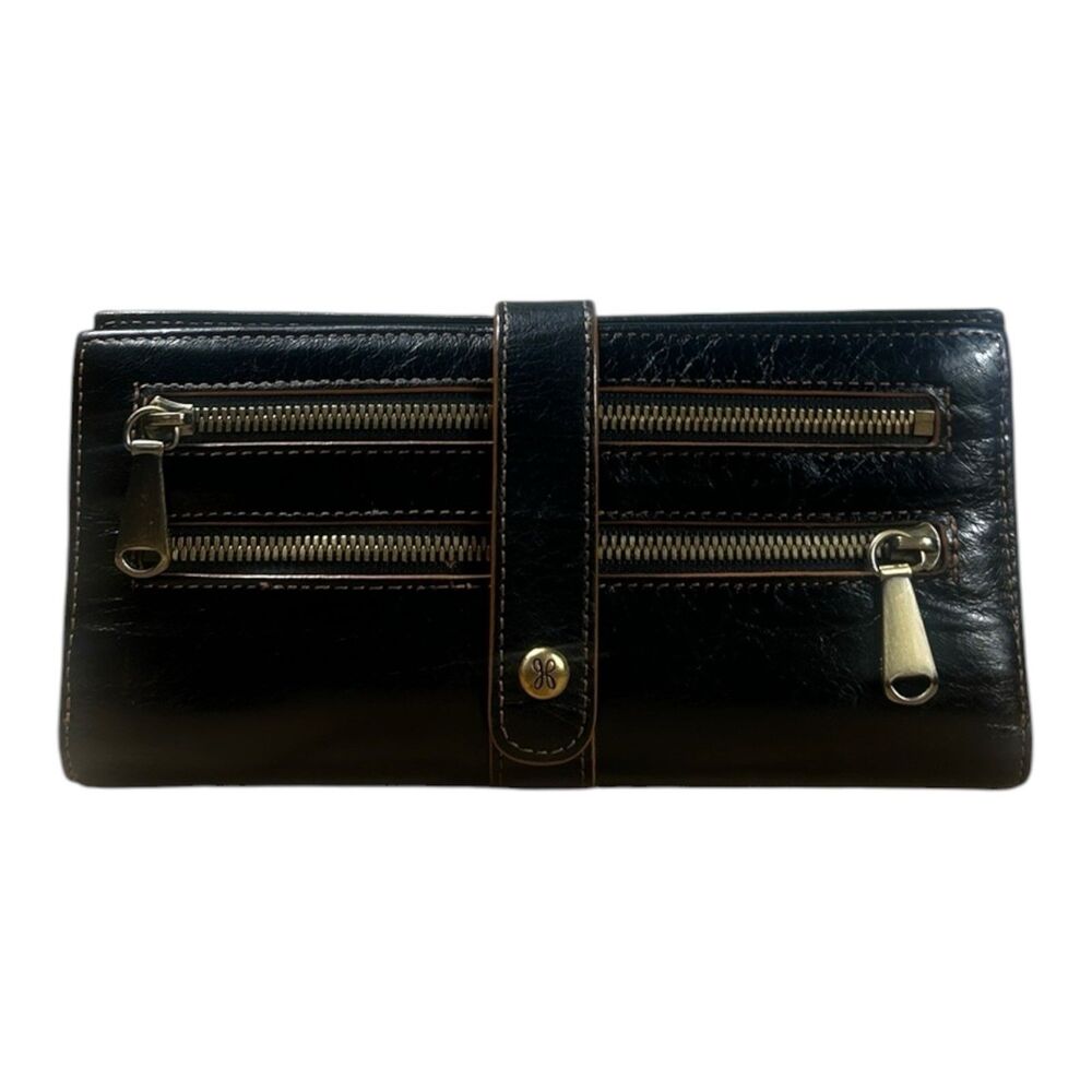 Hobo International Black Leather Bifold Wallet Dual Zip  7.5"